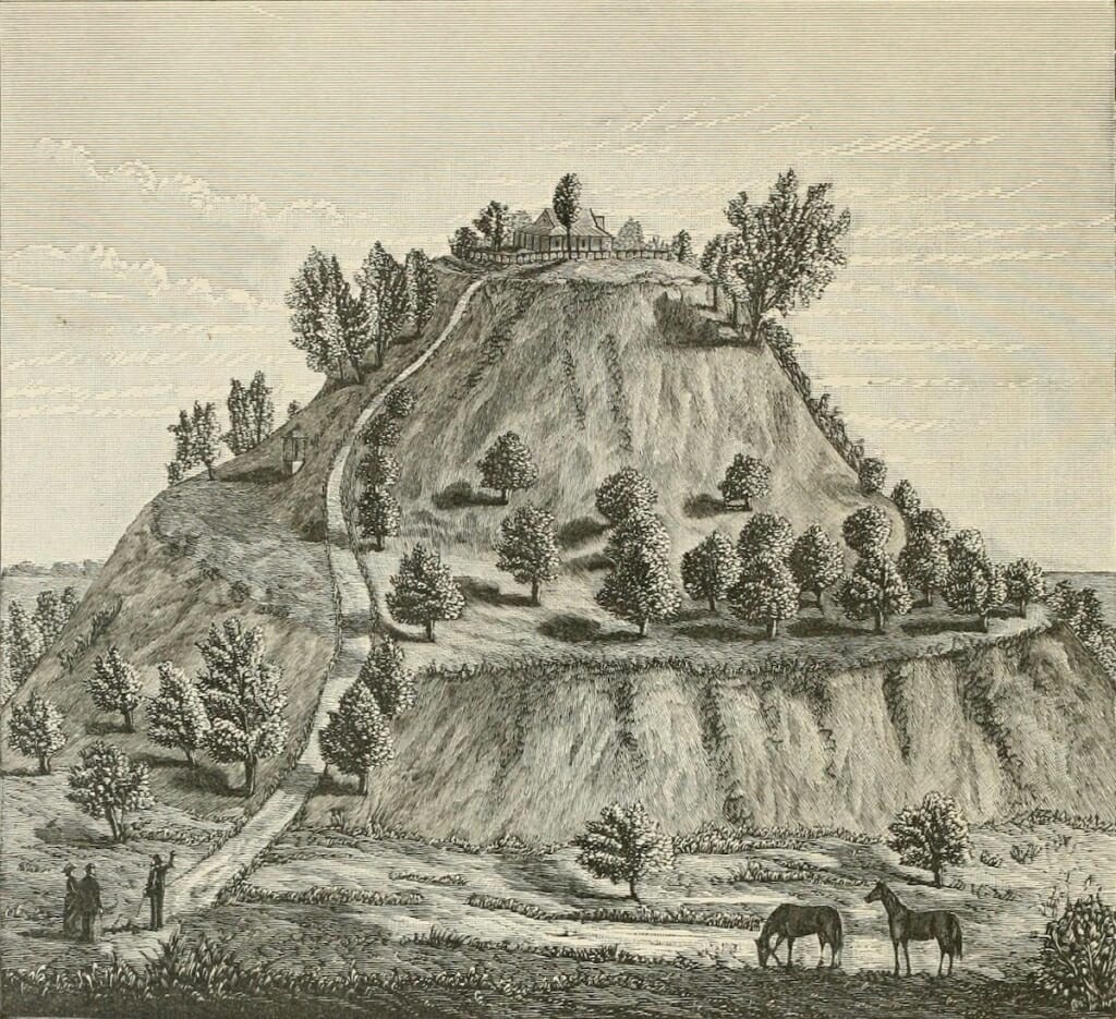 Historic drawing of a house on a hill.