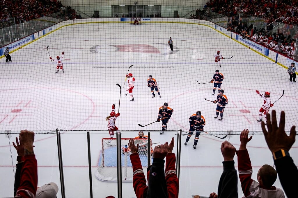Badger fans cheer as Annie Pankowski (19), at center, celebrates her second of two goals.