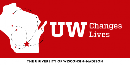 Graphic: Map of Wisconsin and the words "UW Changes Lives"