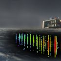 Illustration: The IceCube facility is shown on the ice, with illustrations of a neutrino-detection event.