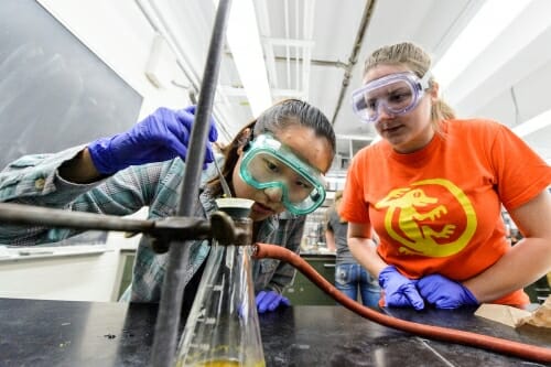 Photo: Students in safety goggles looking at experiment on lab bench