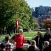 During an autumn tour, student guide Brandon Steer from Campus and Visitor Relations (CAVR), shows prospective students, family, and guests around campus at the top of Bascom Hill at the University of Wisconsin-Madison on Oct. 18, 2018. Visitors can see down State Street to the capitol building from the top of Bascom Hill.(Photo by Lauren Justice / UW-Madison)
