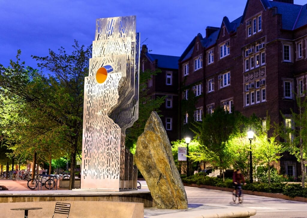 At night, LED lighting transforms the sculpture into a glowing beacon.