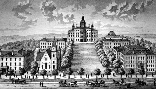 Illustration: Drawing of view from bottom of Bascom Hill with earlier version of Bascom Hall and the old Science Hall