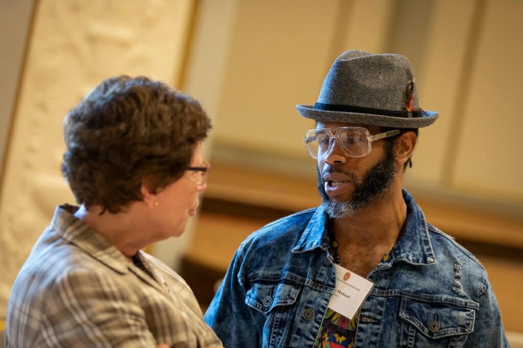 Chancellor Rebecca Blank speaks with Duane Lee Holland Jr., who became the first hip-hop scholar on the dance department's faculty when he joined UW-Madison this fall. 