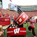 Photo: Bucky Badger fires a t-shirt cannon at Camp Randall Stadium.
