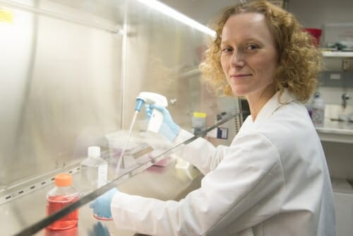 Photo: Portrait of Heidi Dvinge working at lab bench