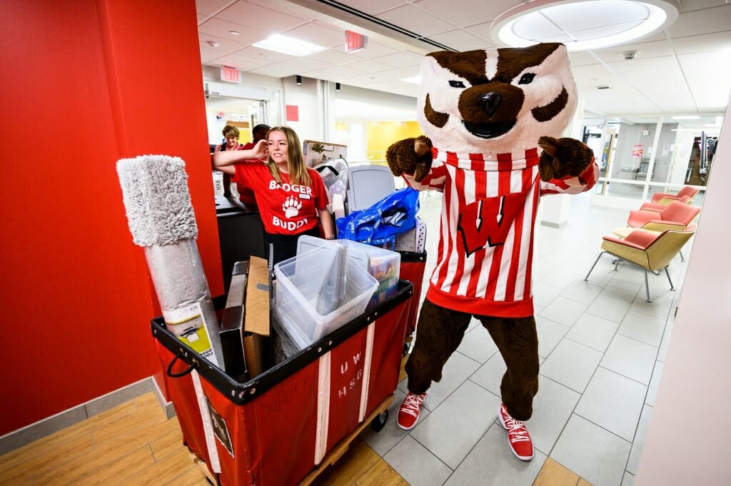 Photo of Bucky Badger cheering on the countless Badger Buddy volunteers helping with move-in at Witte Residence Hall.