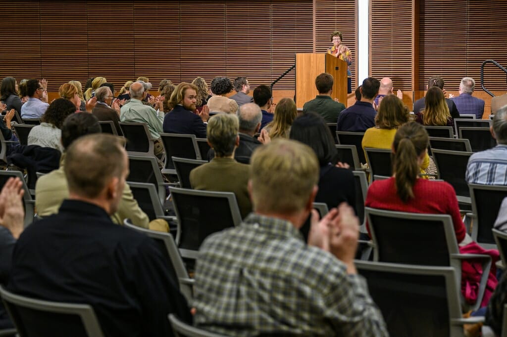 Photo: Rebecca Blank speaks to a crowd.