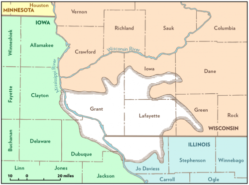 Map of four counties in southwestern Wisconsin where lead mining took place.