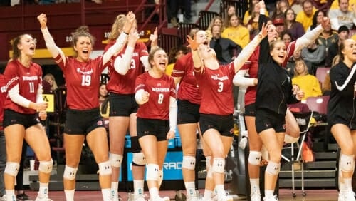 Photo: Volleyball players cheer and raise their arms.