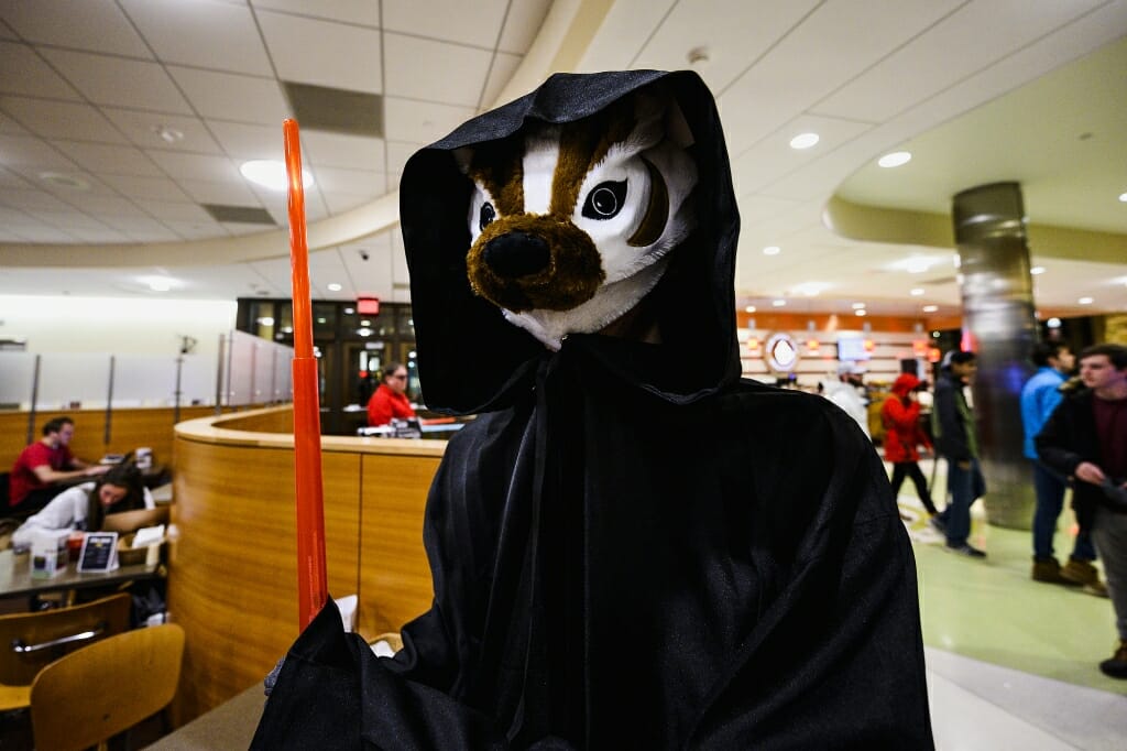 First-year student Evan Weiss models his winning costume entry, Darth Badger.