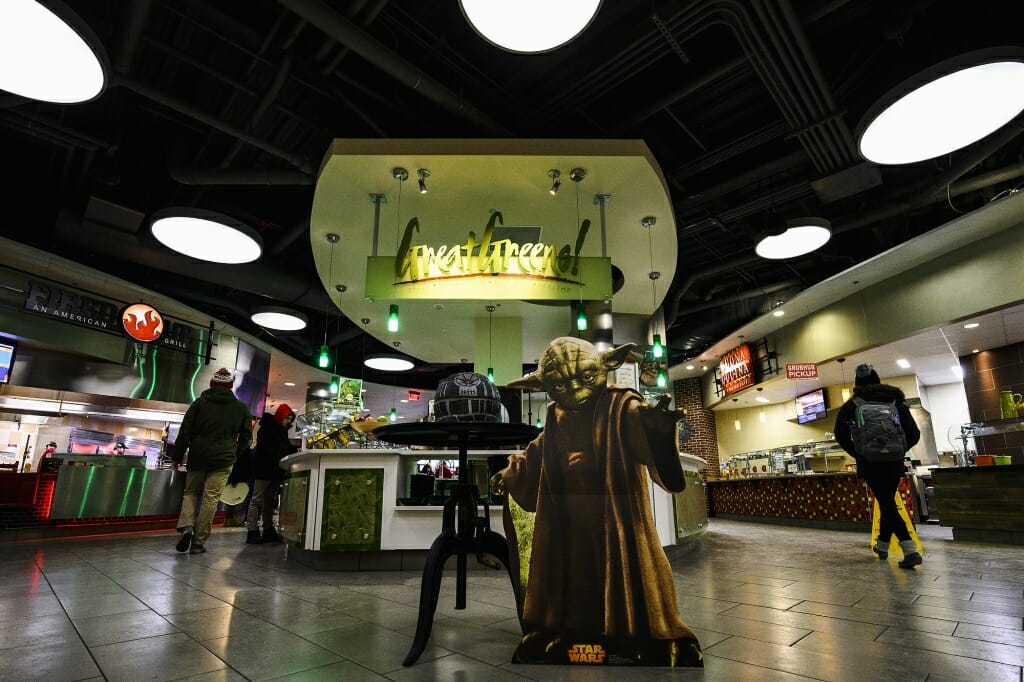 A cutout character of Yoda stands guard at the Ultimate Star Wars Dining Experience at the Gordon Dining and Event Center.