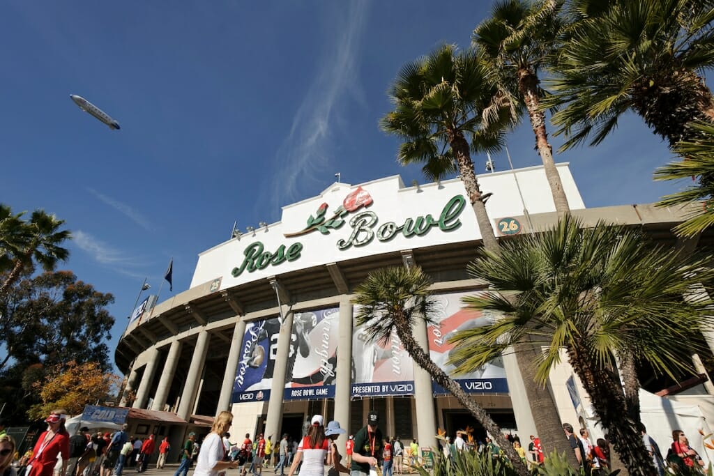 Photo: Exterior of stadium with Rose Bowl sign