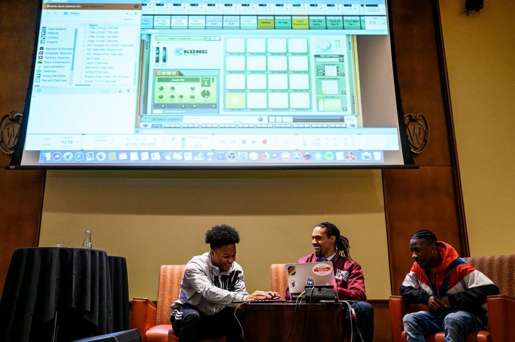 Freelon leads a freestyle beat-making session with Shannon Jones II, at left, and De'Aire Reed, at right.