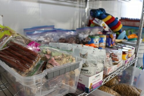Photo of canned pet food and pet treats in the clinic pantry.