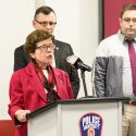 Chancellor Rebecca Blank speaks during a press conference addressing the COVID-19 (coronavirus) measures being taken by UW–Madison, which was held in the UW Police and Security Facility. She is accompanied by Jake Baggott, executive director of University Health Services (rear) and Laurent Heller, vice chancellor for finance and administration.