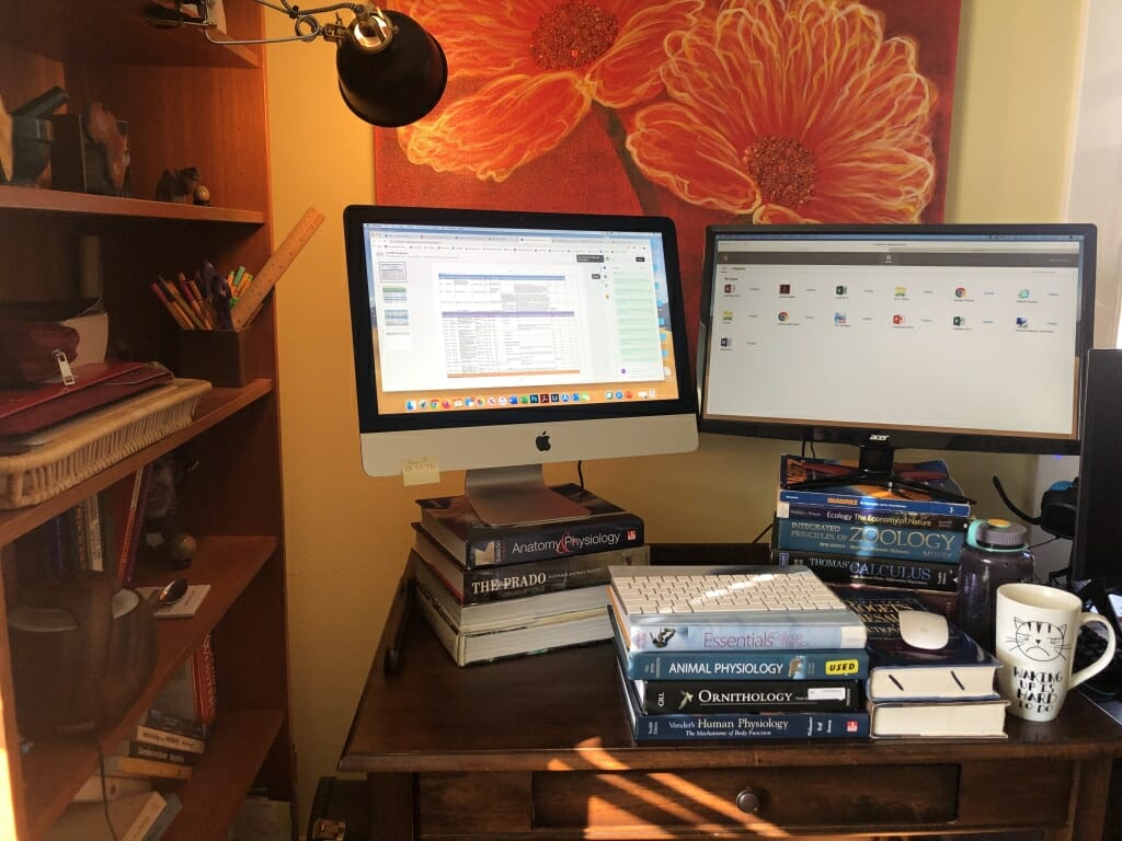 2 monitors and a keyboard sitting on stacks of books on a desk