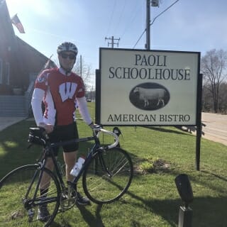 Decked out in his best Badger gear, Chris Gitter went on a 25-mile bike ride.