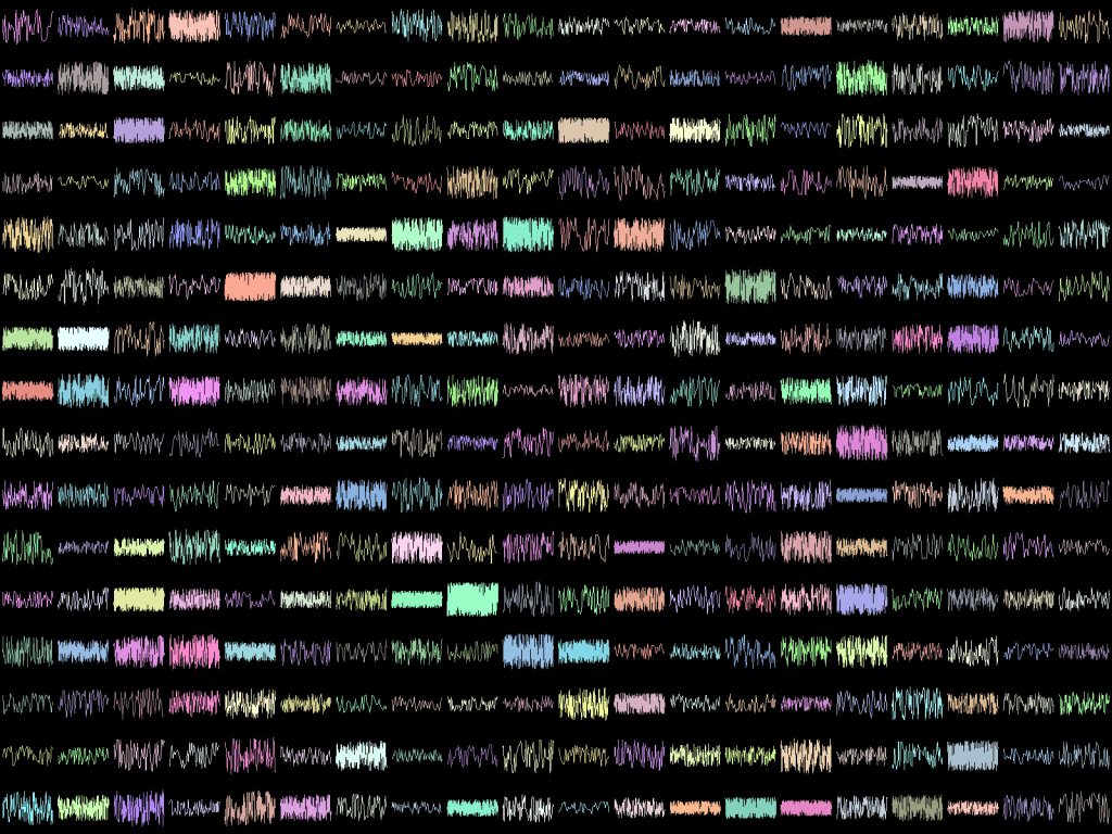 Grid of hundreds of colored images of lines on graphs