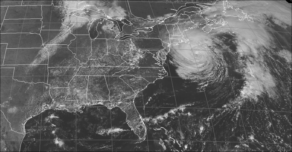 Satellite view of a hurricane off the coast of the U.S.
