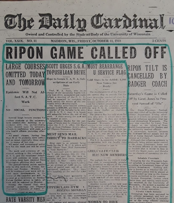 Newspaper headlines 'RIPON GAME CALLED OFF, LARGE COURSES OMITTED TODAY AND TOMORROW"