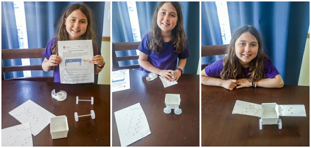 Three photos showing a young girl's project being completed in phases.