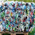 A bale of crushed plastic bottles