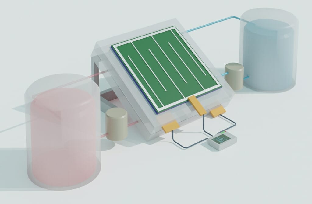 Schematic illustration: a solar cell is hooked up to tanks of chemicals