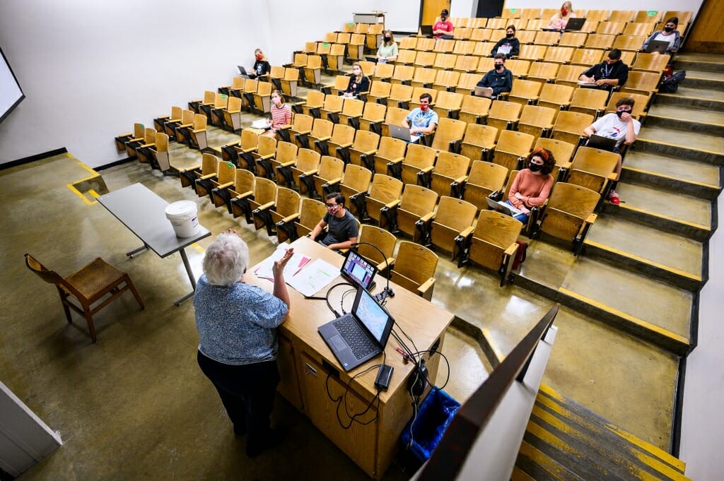 Students wear face masks and sit physically-distanced during a class taught by law professor Kathryn Hendley in the Mosse Humanities Building.