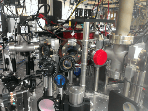 The ultrahigh vacuum chamber where rubidium atoms are laser cooled and excited