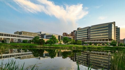 The Health Sciences Learning Center and the  Wisconsin Institutes for Medical Research are pictured at the University of Wisconsin-Madison on June 4, 2020. The buildings are home to the School of Medicine and Public Health. (Photo by Bryce Richter / UW-Madison)