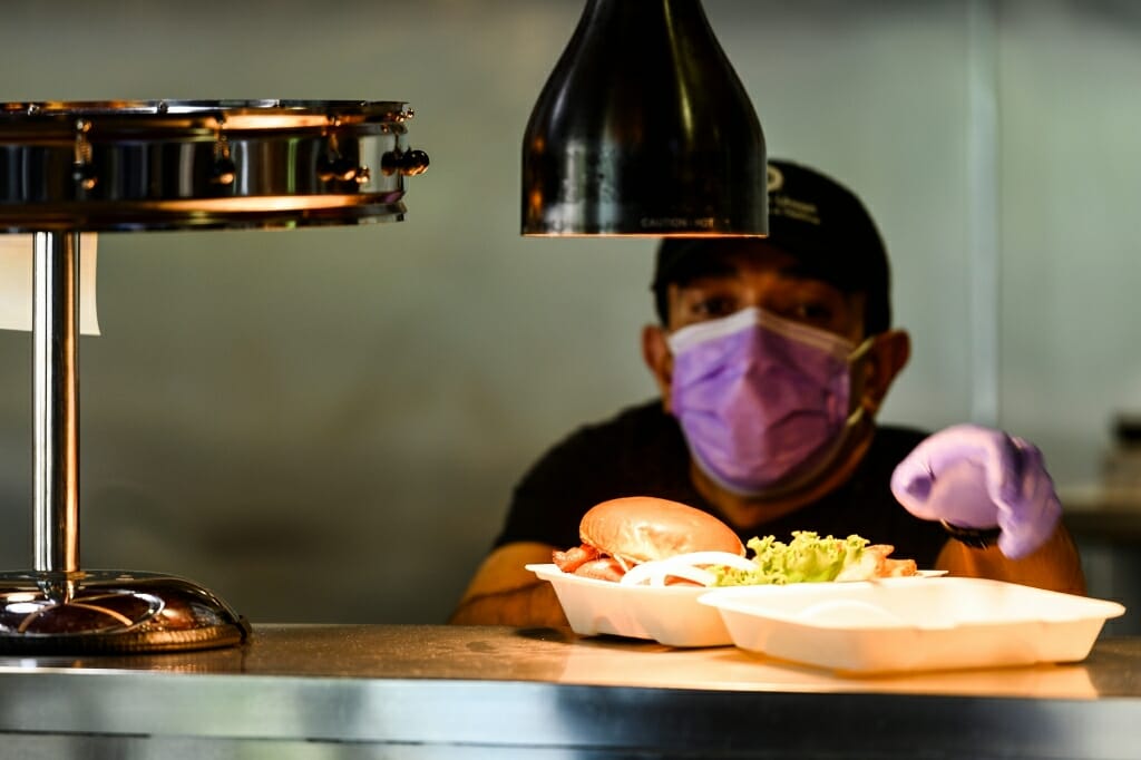 Person in face covering behind a plate of food