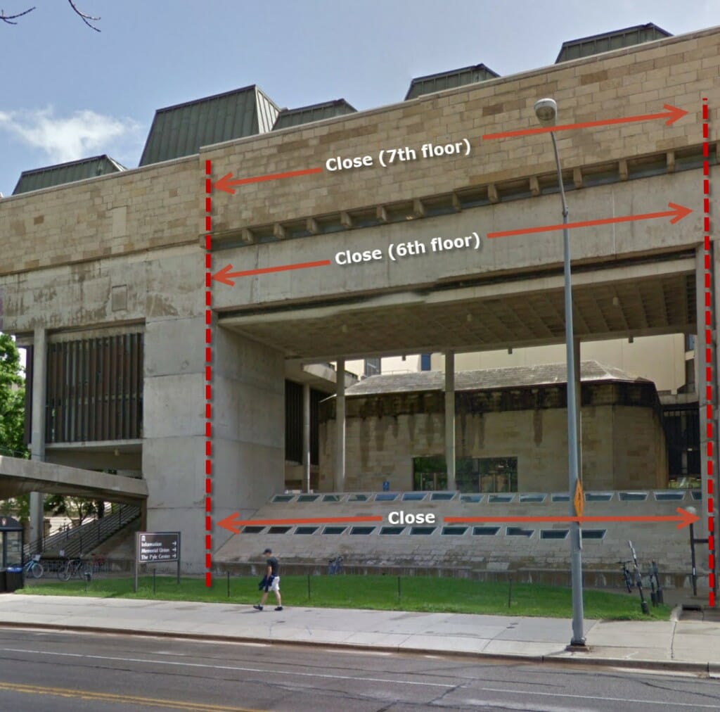 Exterior of Humanities Building with closed area outlined in red