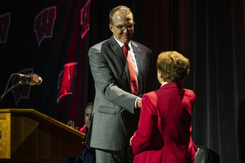 UW–Madison Chancellor Rebecca Blank introduces McIntosh as the new director of athletics.