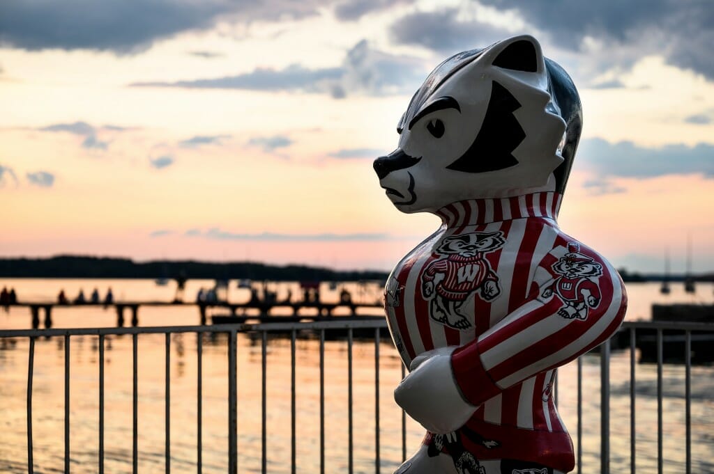 A Bucky Badger statue appears to stare out at the lake.