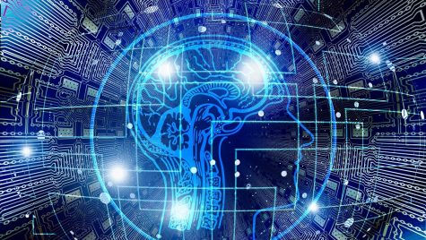 Illustration of a human brain and computer circuits