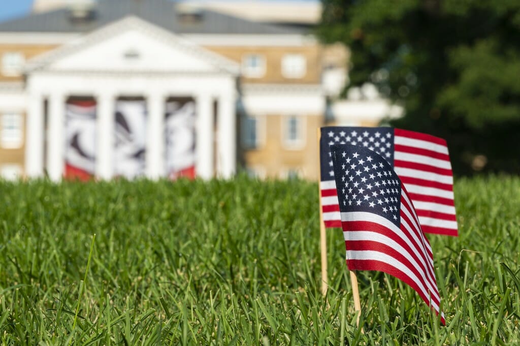 American flags are pictured on Bascom Hill to mark the 20th anniversary of the 9/11 terrorist attacks.