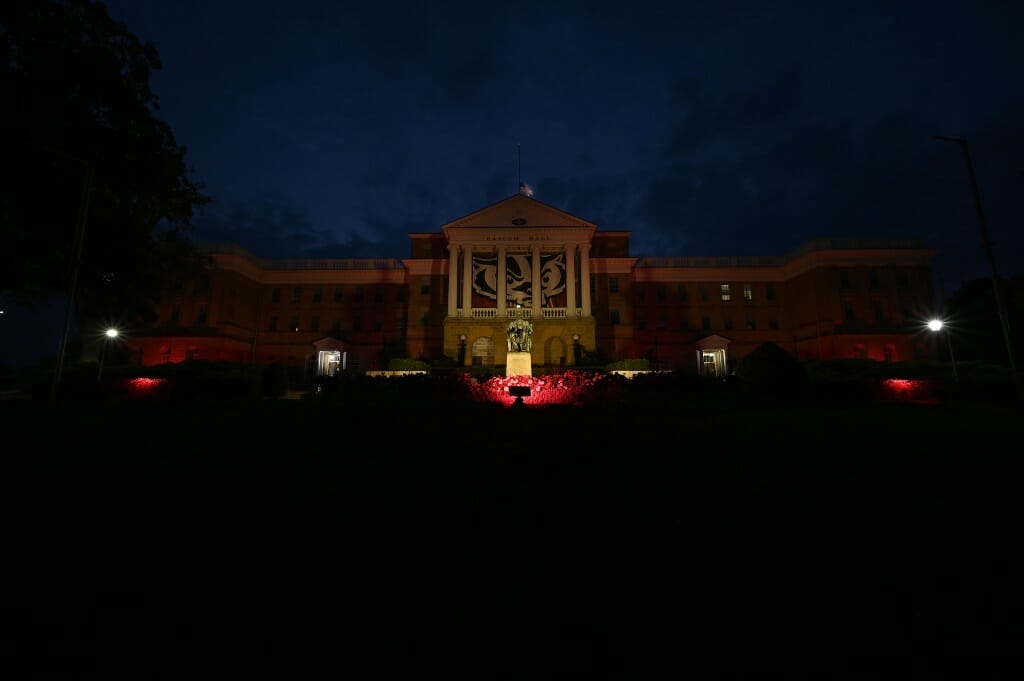 Bascom Hall is bathed in red, white and blue outdoor lights in memory of the 20th anniversary of the Sept. 11 terrorist attacks.