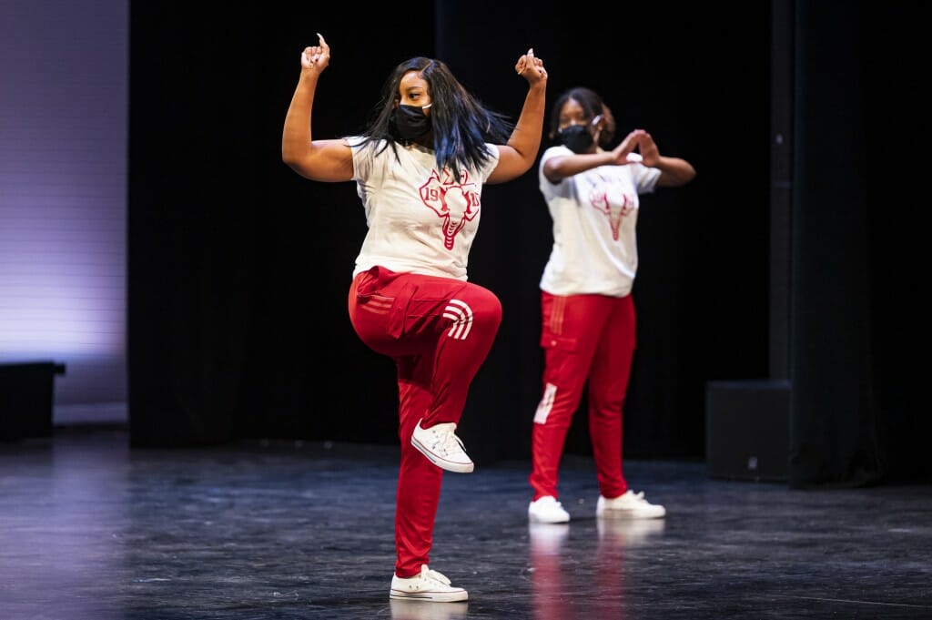 Members of the Delta Sigma Theta Sorority perform during the Multicultural Homecoming Yard Show.