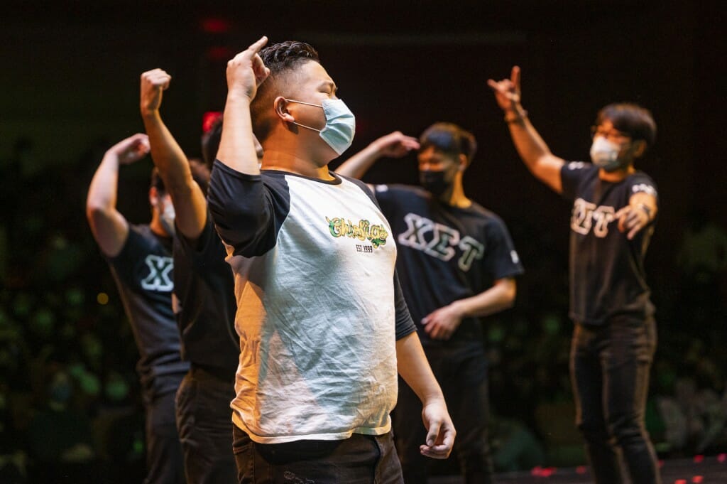 Members of the Chi Sigma Tau National Fraternity perform during the Multicultural Homecoming Yard Show.