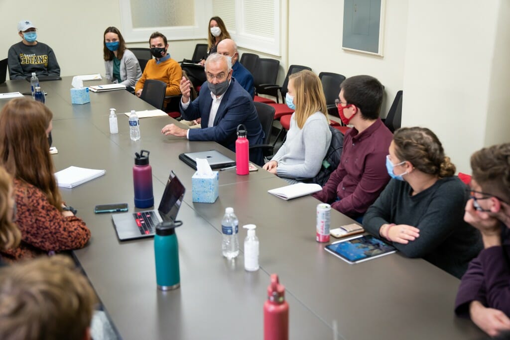 Writer and commentator David Brooks speaks with a class of students at the La Follette School of Public Affairs. The class is taught by former Gov. Jim Doyle, and Brooks talked to the students about his career and D.C. politics, and he answered questions.
