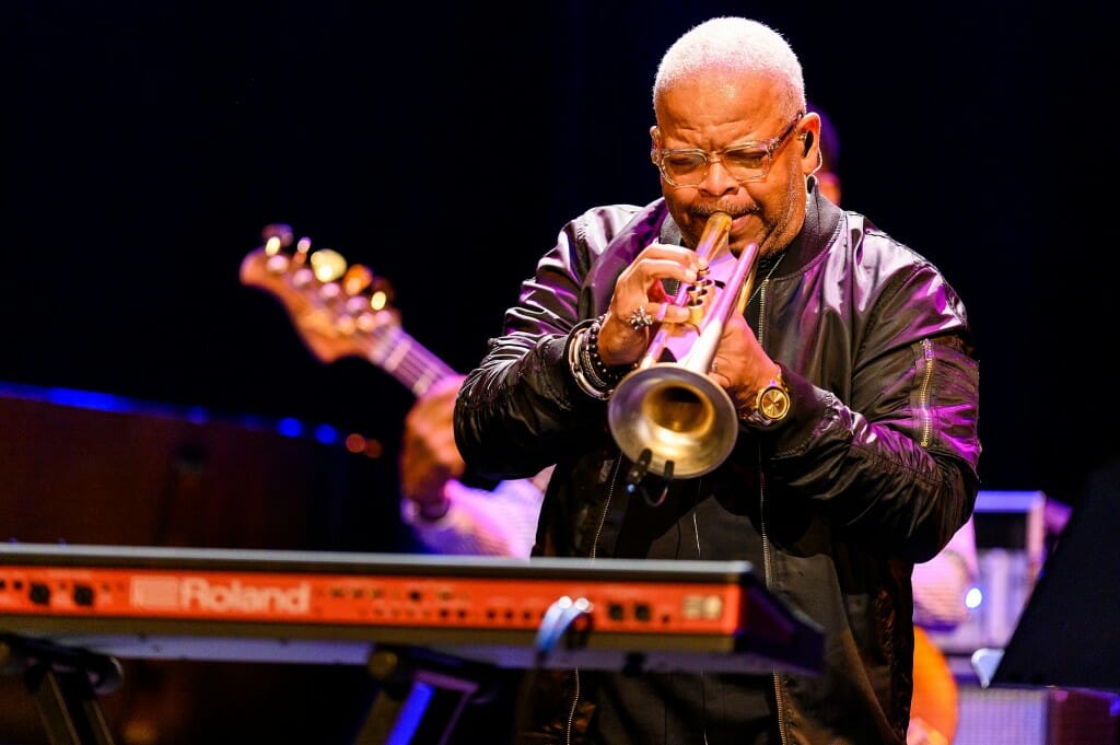 Oscar-nominated, Grammy-winning trumpeter and composer Terence Blanchard, along with renowned jazz musicians from the E-Collective and Turtle Island String Quartet, play tribute to living jazz legend Wayne Shorter during ABSENCE, a collaborative concert performed in Shannon Hall in the Wisconsin Union Theater on Nov. 5. Blanchard had a performance waiver exempting him from face mask requirement indoors.