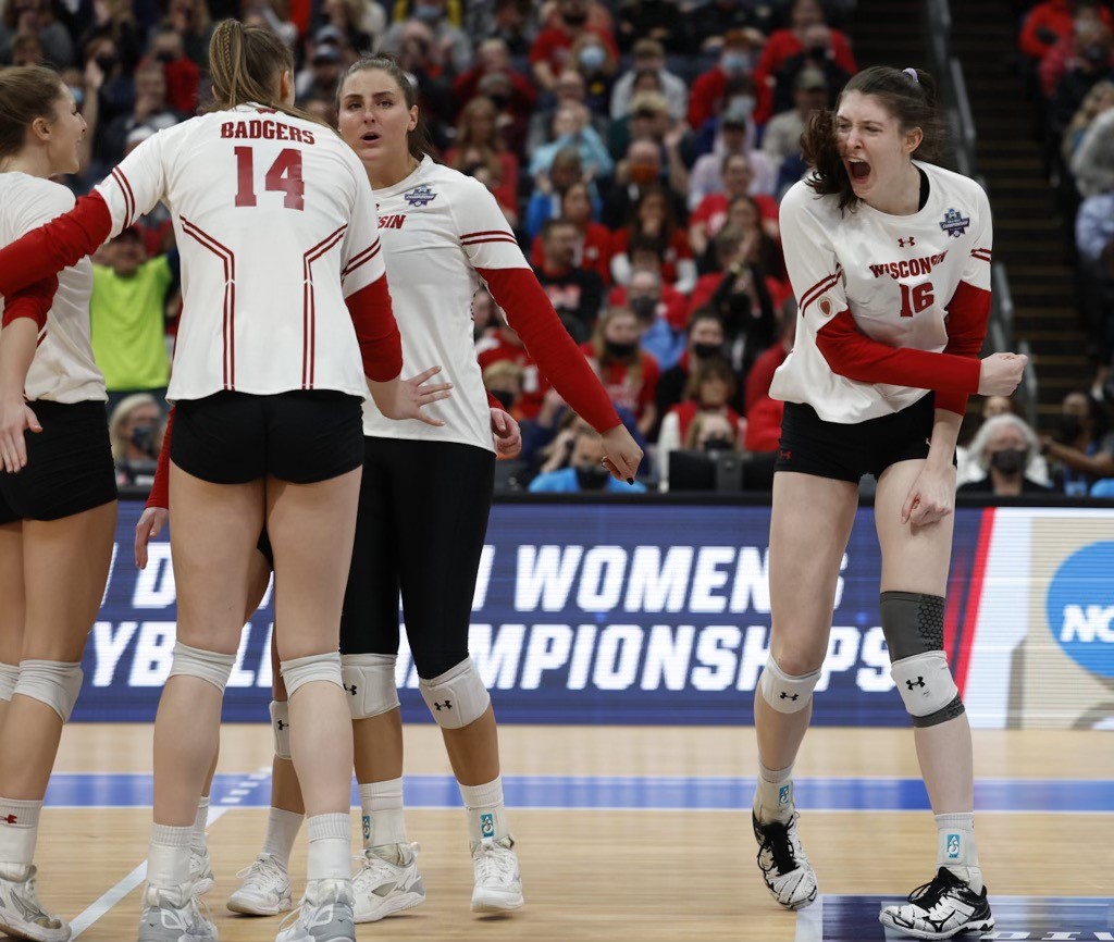 Dana Rettke, right, celebrates a win.