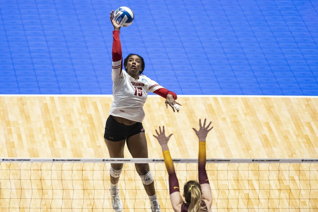 Jade Demps goes up for a spike. She had 7 kills in the match.