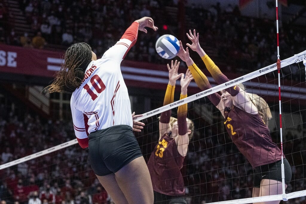Devyn Robinson goes up for a spike. She had 11 kills in the match.