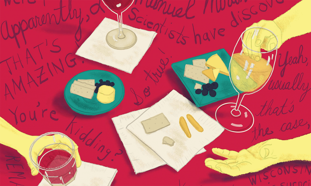 Artist's rendering of drink glasses, napkins and snacks on a tablecloth with sayings like "That's Amazing" and "You're kidding"