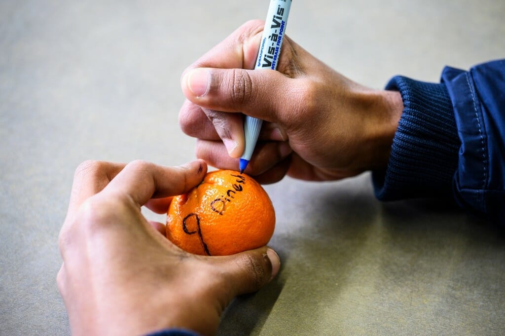 A person writes their name on a Mandarin orange to later be shared as part of an ice breaking activity.