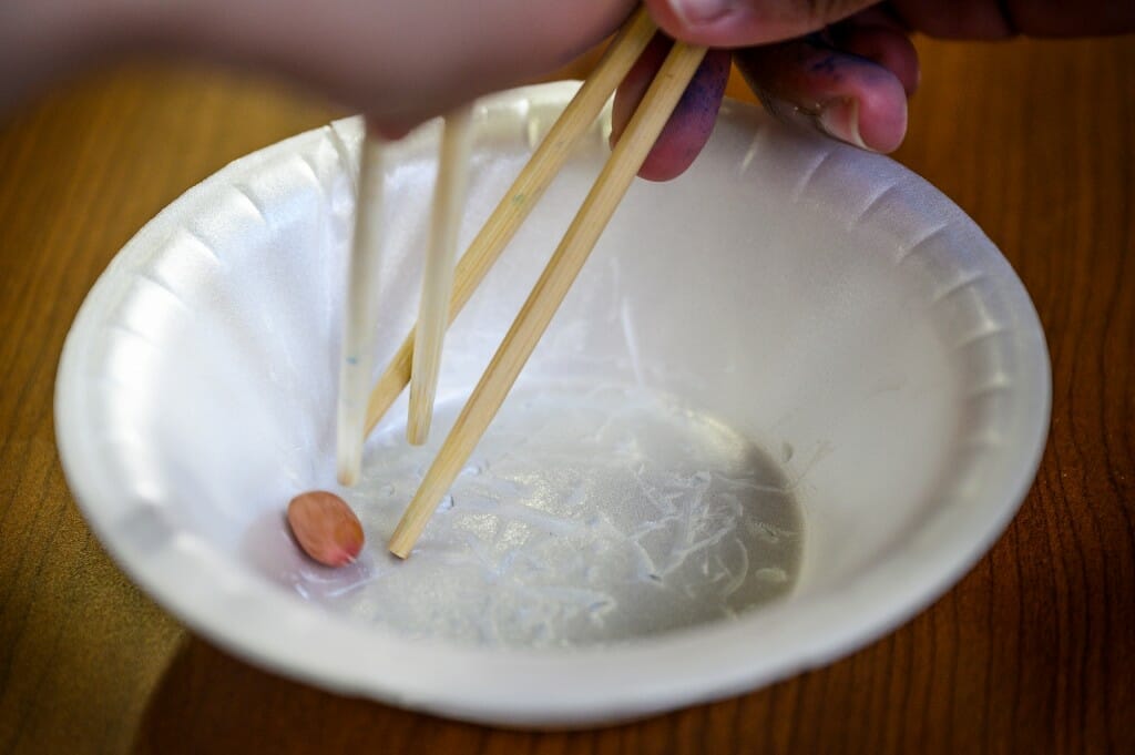 Photo: One chopstick blocks two others from a peanut in a bowl.