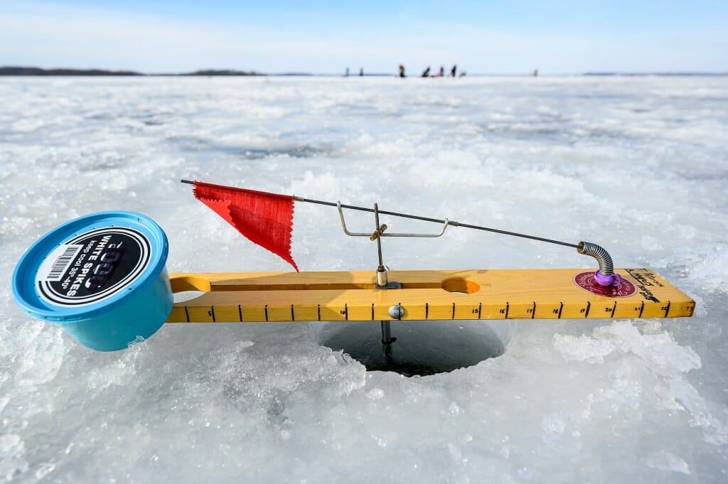 Photo: An ice fishing rig above a hole in Lake Mendota's ice.